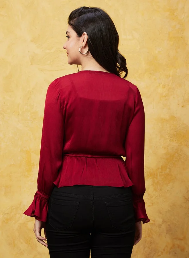globus Globus Solid Satin Wrap V-Nceck Ruffled Sleeves Top