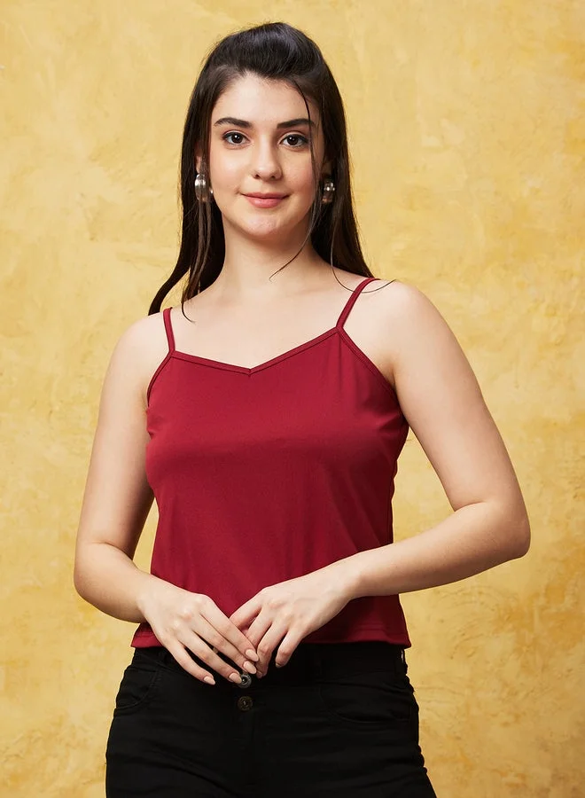 globus Globus Solid Satin Wrap V-Nceck Ruffled Sleeves Top