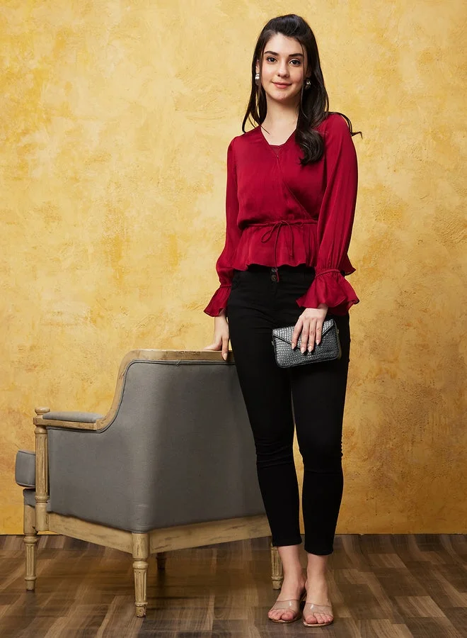 globus Globus Solid Satin Wrap V-Nceck Ruffled Sleeves Top