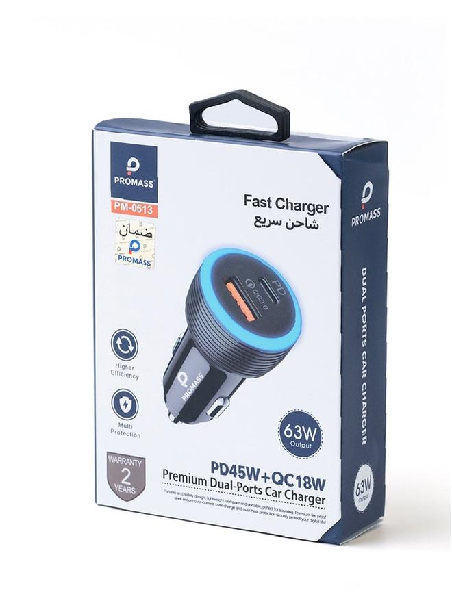 PROMASS Car charger with two PD+USB ports, 63W, black, M/PM-0513, Promass brand - Image 1