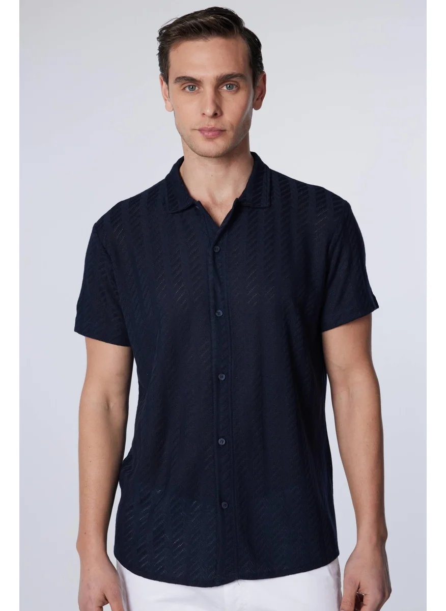 Tudors Slim Fit Slim Fit Short Sleeve Breathable Knitted Texture Dobby Patterned Summer Navy Blue Men's Shirt