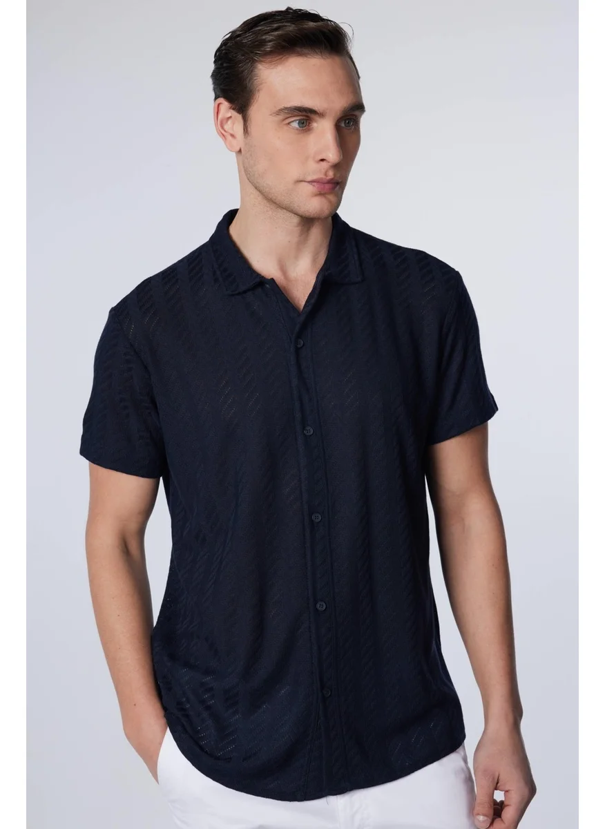 Tudors Slim Fit Slim Fit Short Sleeve Breathable Knitted Texture Dobby Patterned Summer Navy Blue Men's Shirt