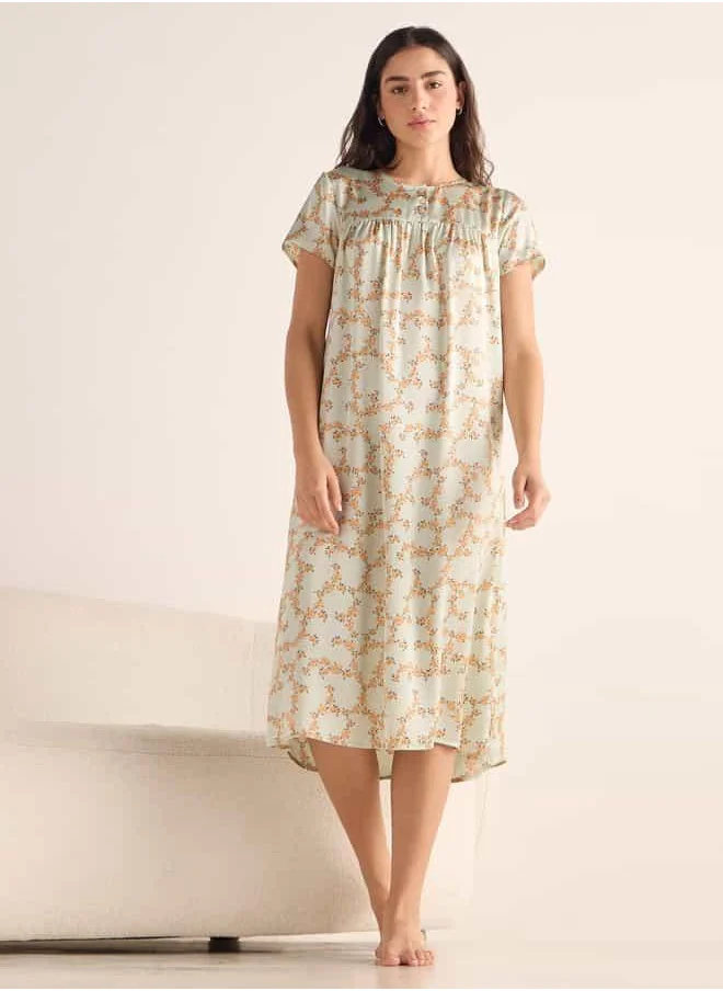 فاف All-Over Print Night Dress with Round Neck and Short Sleeves