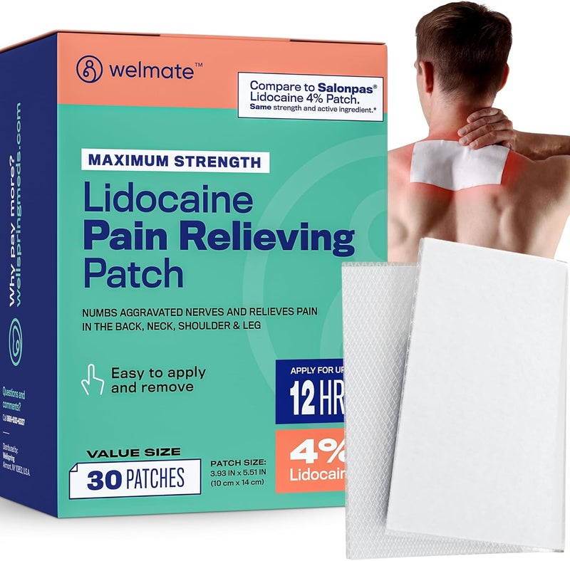 WELMATE  4 Lidocaine Numbing Patch  Maximum Strength  Temporary Relief of Pain Back Neck Shoulders Knees Elbows Minor Skin Irritations  Topical Analgesic Unscented  30 ct - Image 1