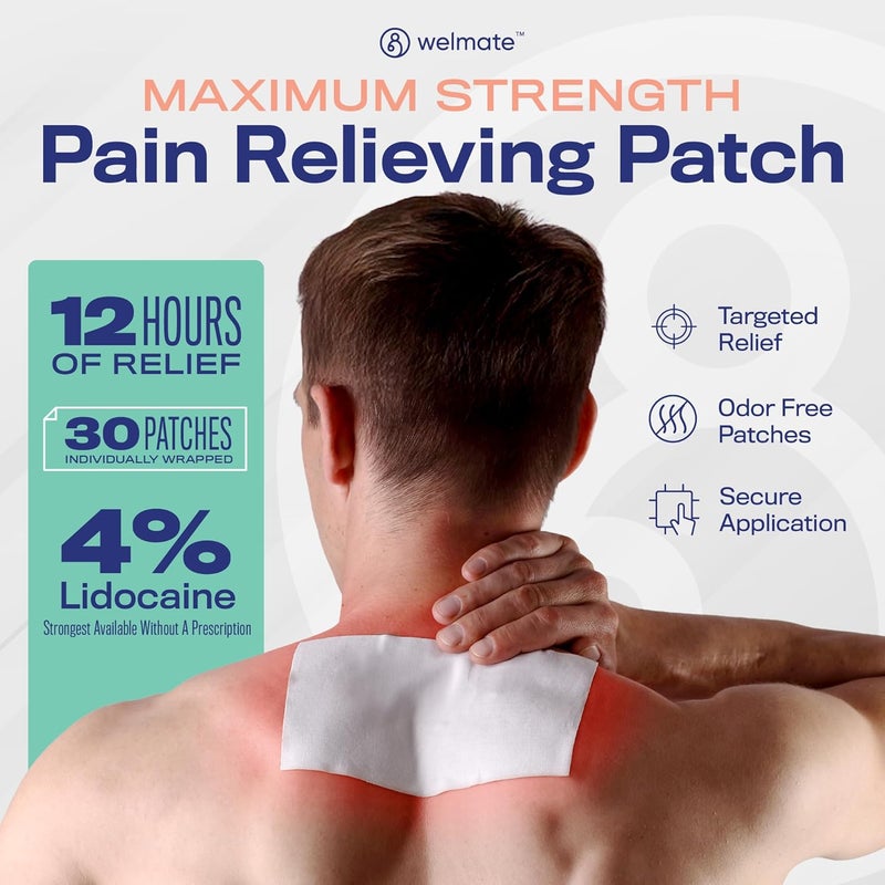WELMATE  4 Lidocaine Numbing Patch  Maximum Strength  Temporary Relief of Pain Back Neck Shoulders Knees Elbows Minor Skin Irritations  Topical Analgesic Unscented  30 ct - Image 2