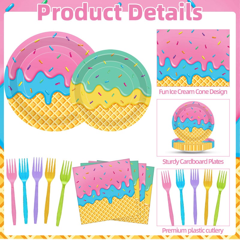 Merriva 100 Pcs Ice Cream Cone Party Supplies Set  Serves 25 - Disposable Paper Plates  Napkins  And Colorful Forks  Ice Cream Themed Tableware For Kids Birthday  Summer  Sweet Shop  Dessert Party Decorations - Image 3