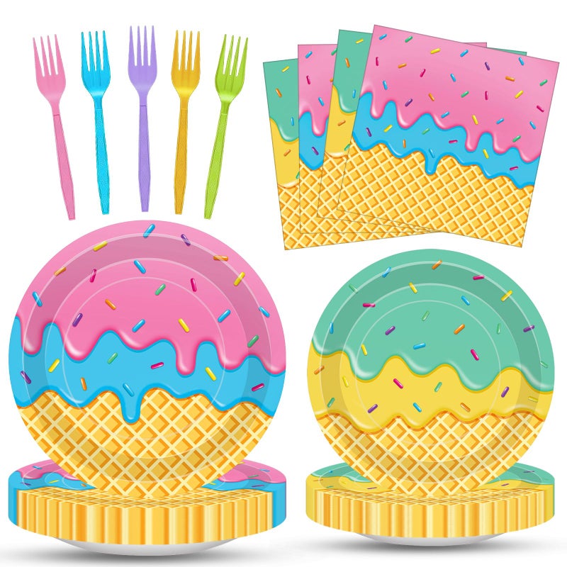Merriva 100 Pcs Ice Cream Cone Party Supplies Set  Serves 25 - Disposable Paper Plates  Napkins  And Colorful Forks  Ice Cream Themed Tableware For Kids Birthday  Summer  Sweet Shop  Dessert Party Decorations - Image 1
