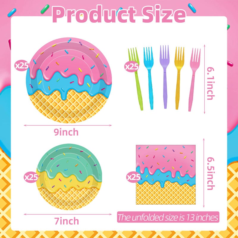 Merriva 100 Pcs Ice Cream Cone Party Supplies Set  Serves 25 - Disposable Paper Plates  Napkins  And Colorful Forks  Ice Cream Themed Tableware For Kids Birthday  Summer  Sweet Shop  Dessert Party Decorations - Image 2