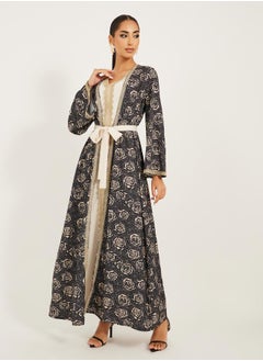 front open abaya with all over foil print and lace detail at centre front with inner satin dress with lace trims