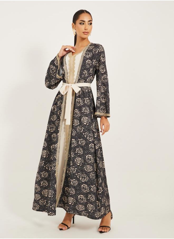 Styli - front open abaya with all over foil print and lace detail at centre front with inner satin dress with lace trims - Image 1