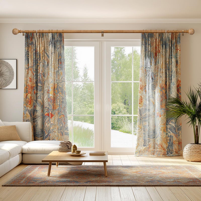 QDWIS Wood Curtain Rods for Windows 48 to 84 Inch,1'' Diameter Drapery Rods with Imitation Wood Grain Leaf Pattern Finials,Boho Adjustable Heavy Duty Curtain Rods Set,36-88'',Color:Natural Wood - Image 3