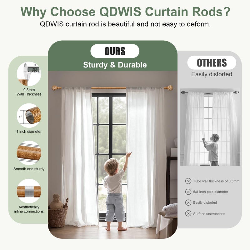 QDWIS Wood Curtain Rods for Windows 48 to 84 Inch,1'' Diameter Drapery Rods with Imitation Wood Grain Leaf Pattern Finials,Boho Adjustable Heavy Duty Curtain Rods Set,36-88'',Color:Natural Wood - Image 4