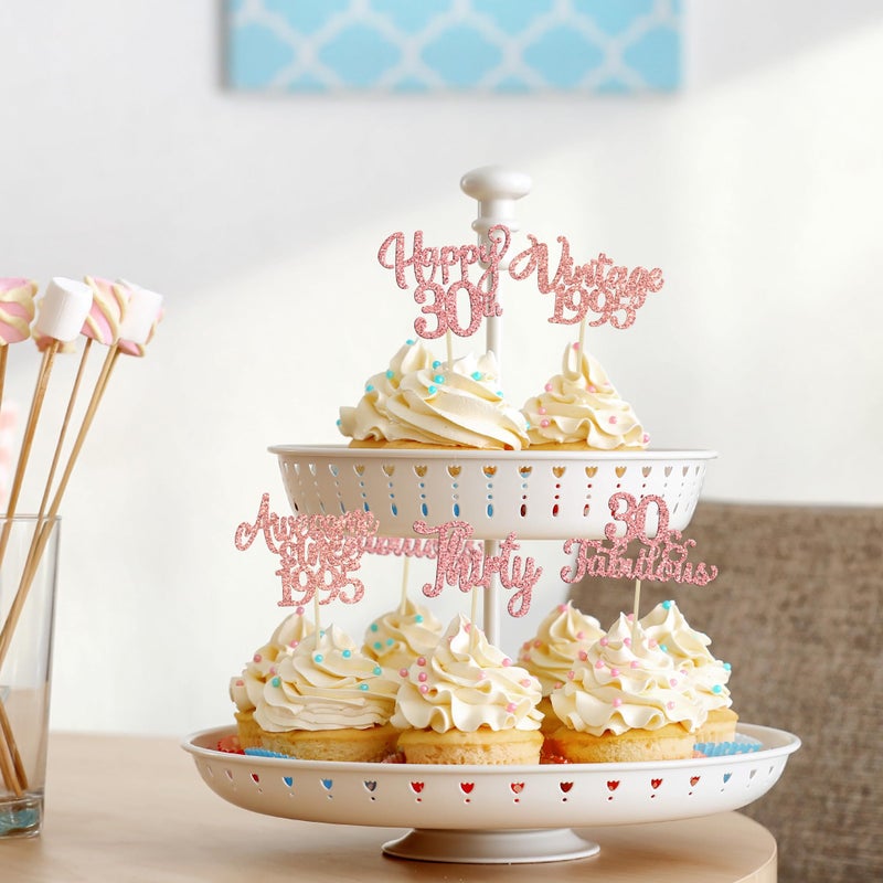 Ephlyn 30Pcs Vintage 1995 Cupcake Toppers Glitter Thirty 30 Fabulous Happy 30th Birthday Cupcake Picks Cheers to 30 Years for 30th Birthday Anniversary Party Cake Decorations Supplies Rose Gold - Image 4