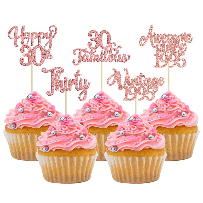 Ephlyn 30Pcs Vintage 1995 Cupcake Toppers Glitter Thirty 30 Fabulous Happy 30th Birthday Cupcake Picks Cheers to 30 Years for 30th Birthday Anniversary Party Cake Decorations Supplies Rose Gold - Image 1
