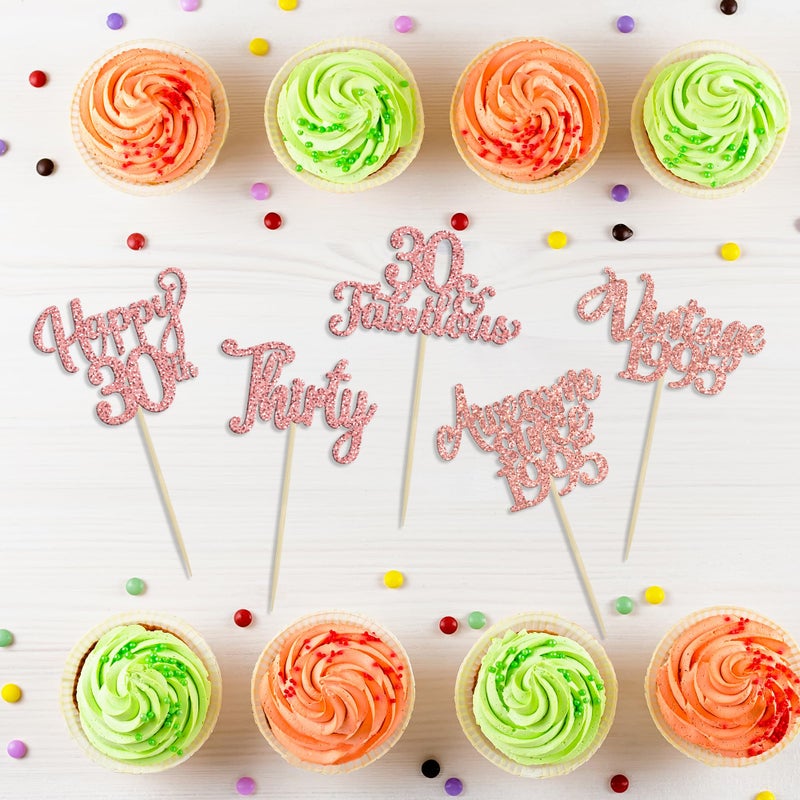 Ephlyn 30Pcs Vintage 1995 Cupcake Toppers Glitter Thirty 30 Fabulous Happy 30th Birthday Cupcake Picks Cheers to 30 Years for 30th Birthday Anniversary Party Cake Decorations Supplies Rose Gold - Image 3