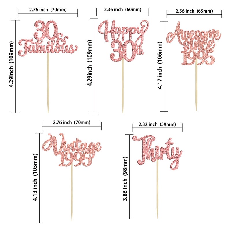 Ephlyn 30Pcs Vintage 1995 Cupcake Toppers Glitter Thirty 30 Fabulous Happy 30th Birthday Cupcake Picks Cheers to 30 Years for 30th Birthday Anniversary Party Cake Decorations Supplies Rose Gold - Image 2