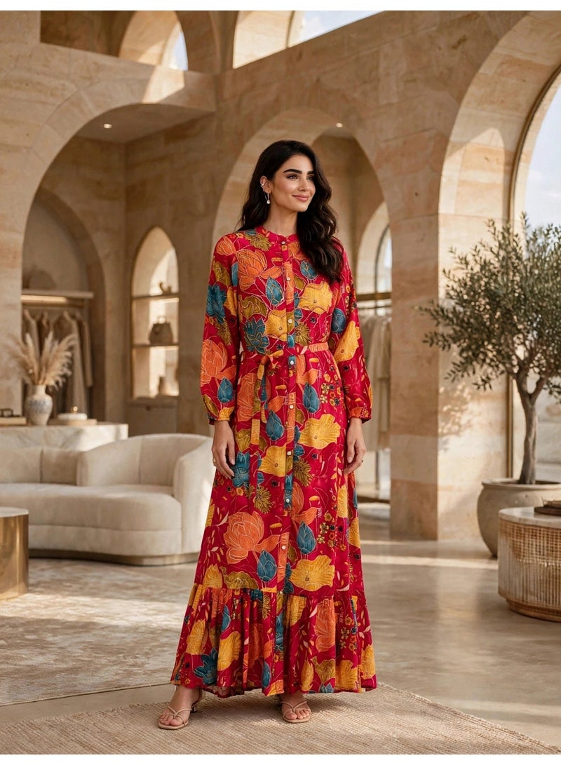 IKKXA Floral Buttoned Maxi Dress IK20Red - Image 1