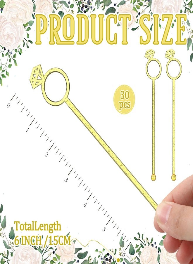 SiliFine 30 Pcs 6 Inch Diamond Ring Coffee Stirrers Reusable Cocktail Wedding Drink Stirrers Golden Silver Plastic Beverage Swizzle Stick for Wedding Party Festival (Golden) - Image 2