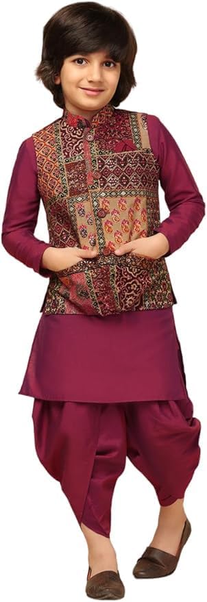 KISAH Boy's Cotton Blend Regular Fit Printed Pink Multi Kurta Jacket Dhoti Set (11-12Y) - Image 1