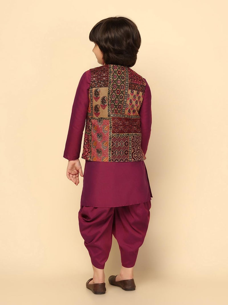 KISAH Boy's Cotton Blend Regular Fit Printed Pink Multi Kurta Jacket Dhoti Set (11-12Y) - Image 4