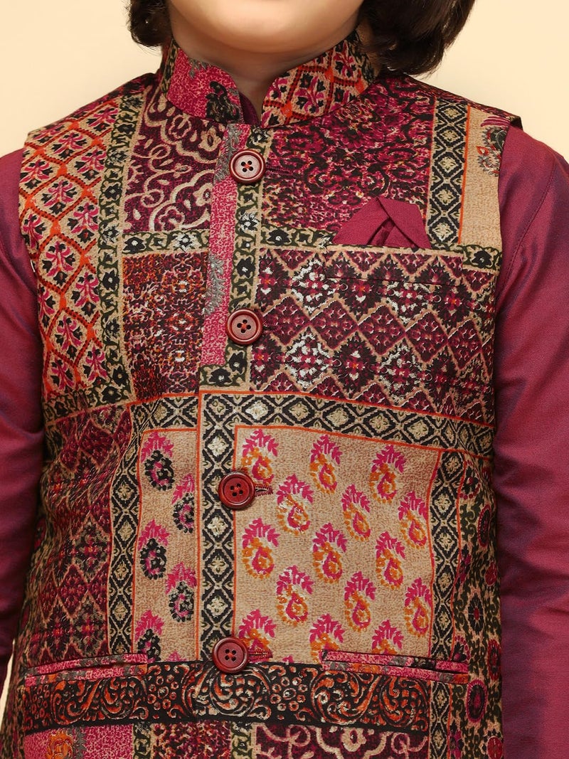 KISAH Boy's Cotton Blend Regular Fit Printed Pink Multi Kurta Jacket Dhoti Set (11-12Y) - Image 5