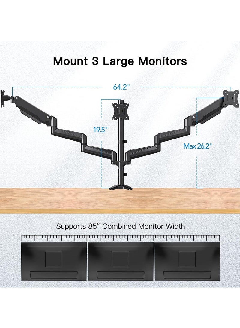 ELTRAZONE Triple Monitor Mount for 17-27 Inch Screens – Height Adjustable, 8kg Per Arm, Black Monitor Stand for Dual or Triple Display Setup - Image 2