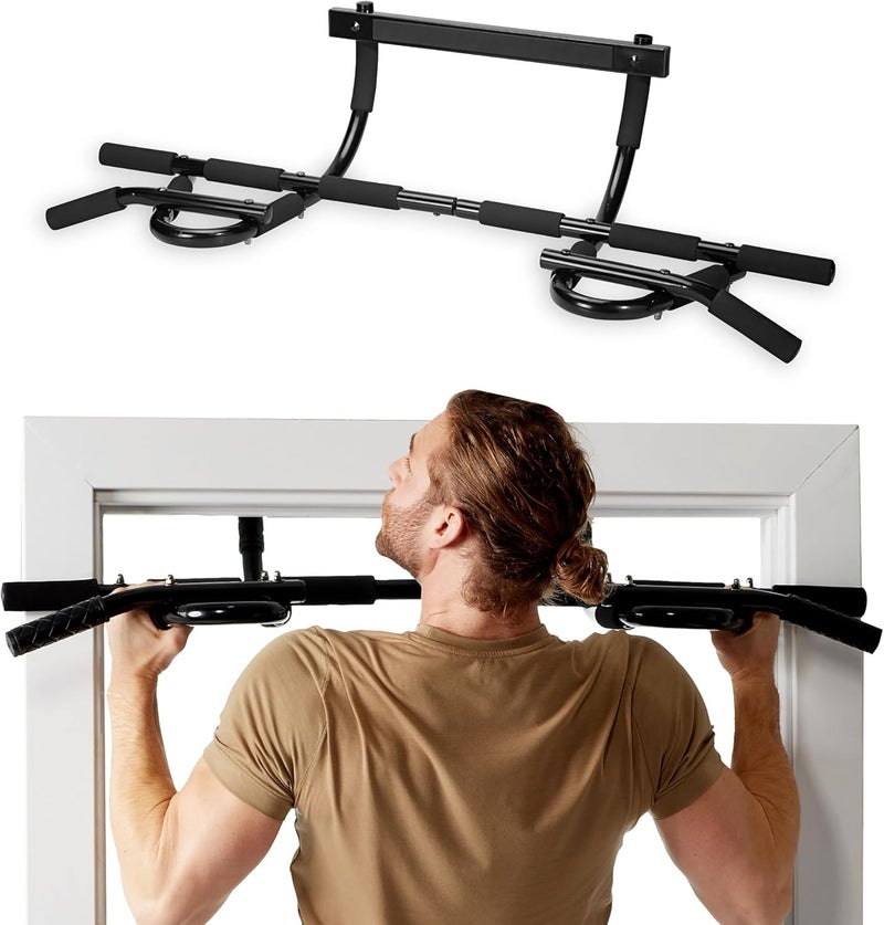 SPRI Pull Up Bar - 8-Grip and 12-Grip Door Frame Mounting Pull-Up Bar for Versatile Workouts - Rugged Steel Frame with Foam Handles - Supports 300 Pounds - Fits Door Frames Up to 32 in. Wide – Black - Image 1