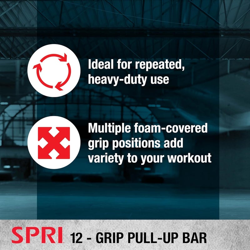 SPRI Pull Up Bar - 8-Grip and 12-Grip Door Frame Mounting Pull-Up Bar for Versatile Workouts - Rugged Steel Frame with Foam Handles - Supports 300 Pounds - Fits Door Frames Up to 32 in. Wide – Black - Image 4