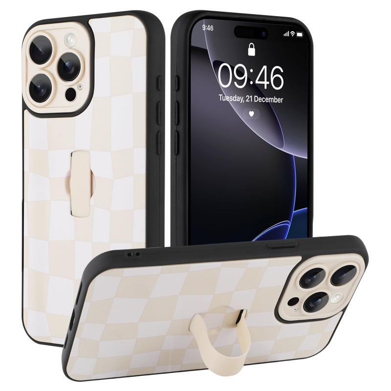 SOKAD for iPhone 16 Pro Case with Finger Strap Kickstand Cute Checkered Checkerboard Phone Case with Finger Hand for Women Men Slim Full Camera Protection Shockproof Case Cover White - Image 3