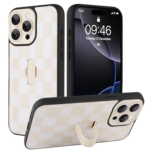 SOKAD for iPhone 16 Pro Case with Finger Strap Kickstand Cute Checkered Checkerboard Phone Case with Finger Hand for Women Men Slim Full Camera Protection Shockproof Case Cover White - Image 1