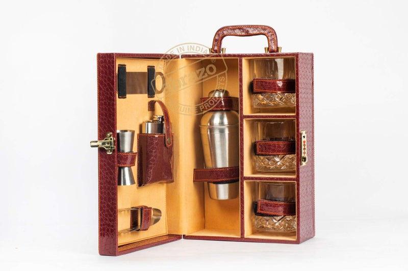 Abrazo 3 Glasses Premium Whiskey Case | Handy Portable Leatherette Bar Set for Car | 8 Pieces Wine Color Bar Tool Set - Image 1