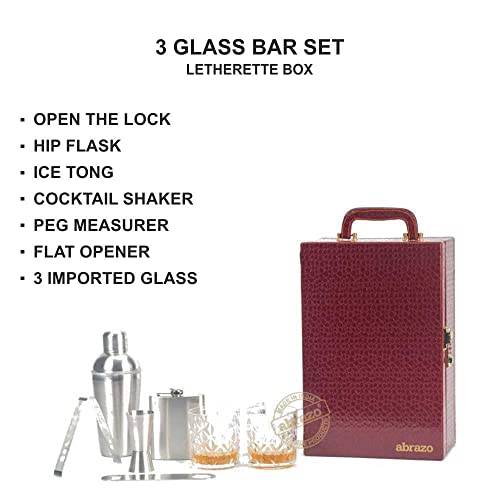 Abrazo 3 Glasses Premium Whiskey Case | Handy Portable Leatherette Bar Set for Car | 8 Pieces Wine Color Bar Tool Set - Image 2