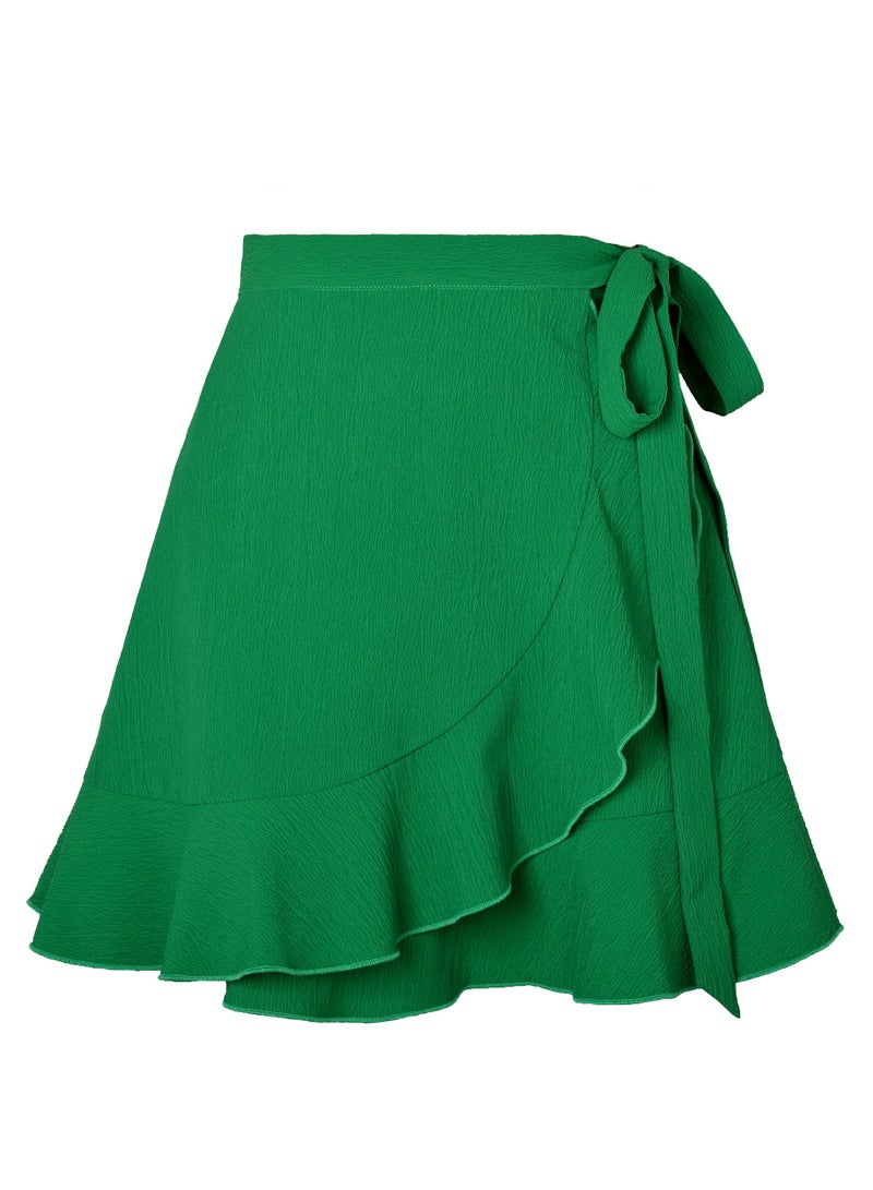 إسكدنيا Women's Solid Color Ruffle Wrap Skirt Tie Waist Boho Mini Short Beach Skirt Green - Image 3