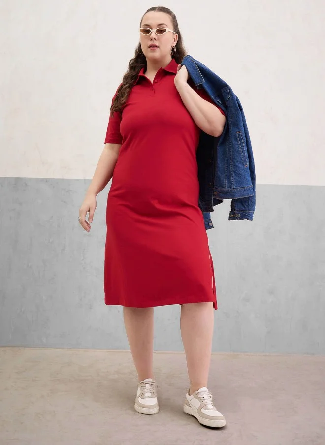 SASSAFRAS Red Cotton Midi Dress For Women