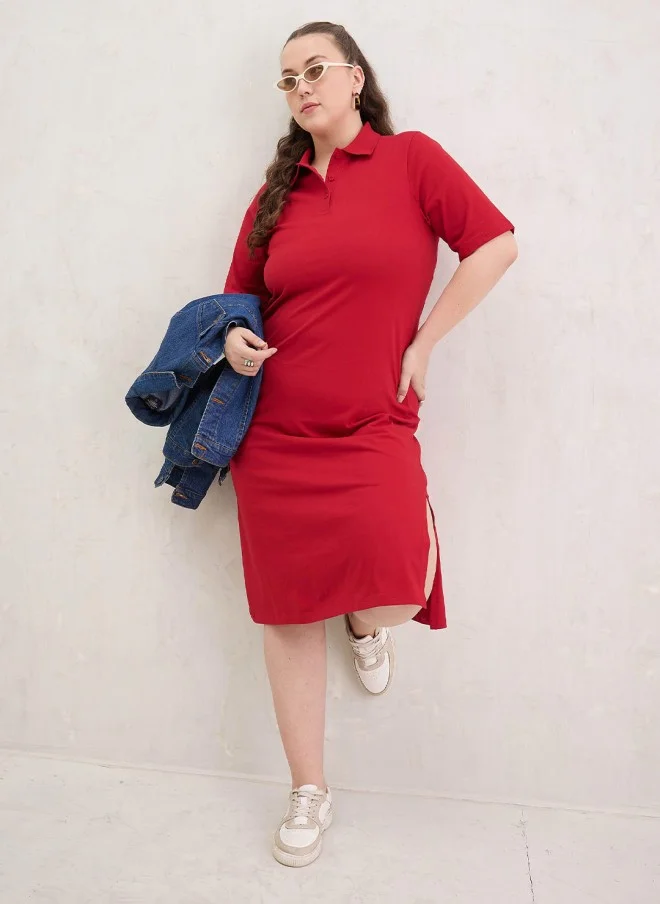 SASSAFRAS Red Cotton Midi Dress For Women