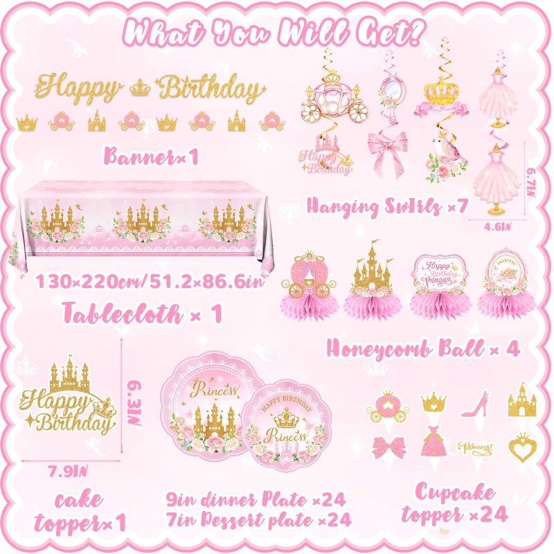 Peghoqu 196Pcs Princess Birthday Party Decorations Serves 24,Pink Princess Birthday Themed Tableware Includes Scalloped Plates,Napkins,Tablecloth,Banner,Balloon,Cake Topper for Girls Princess Party Supplies - Image 4