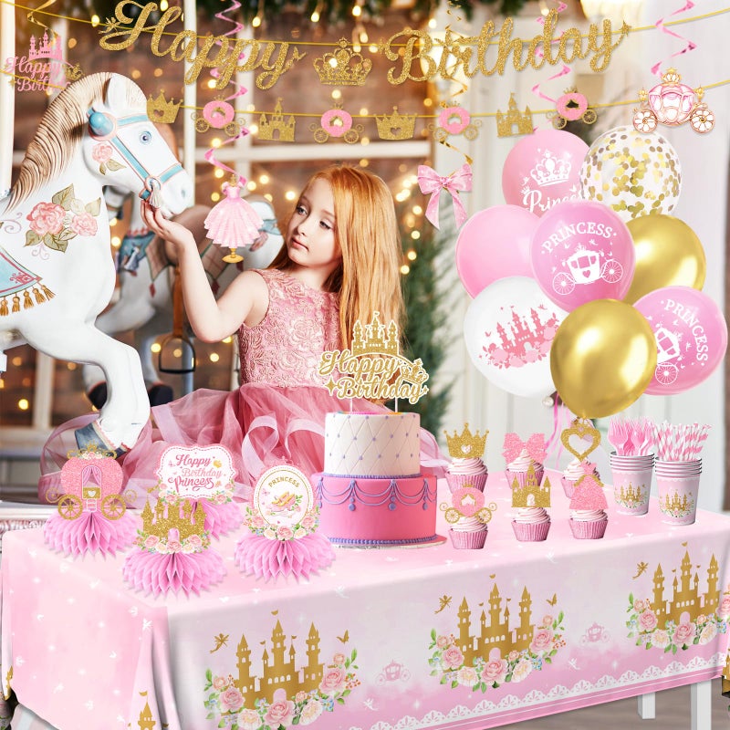 Peghoqu 196Pcs Princess Birthday Party Decorations Serves 24,Pink Princess Birthday Themed Tableware Includes Scalloped Plates,Napkins,Tablecloth,Banner,Balloon,Cake Topper for Girls Princess Party Supplies - Image 3