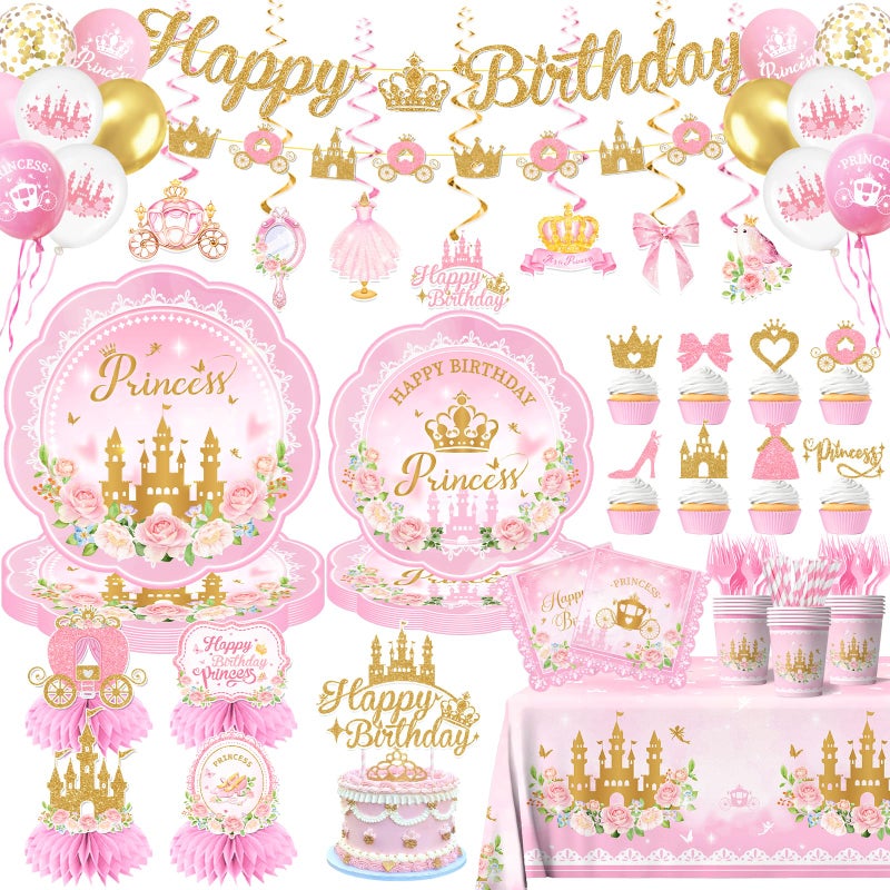 Peghoqu 196Pcs Princess Birthday Party Decorations Serves 24,Pink Princess Birthday Themed Tableware Includes Scalloped Plates,Napkins,Tablecloth,Banner,Balloon,Cake Topper for Girls Princess Party Supplies - Image 1