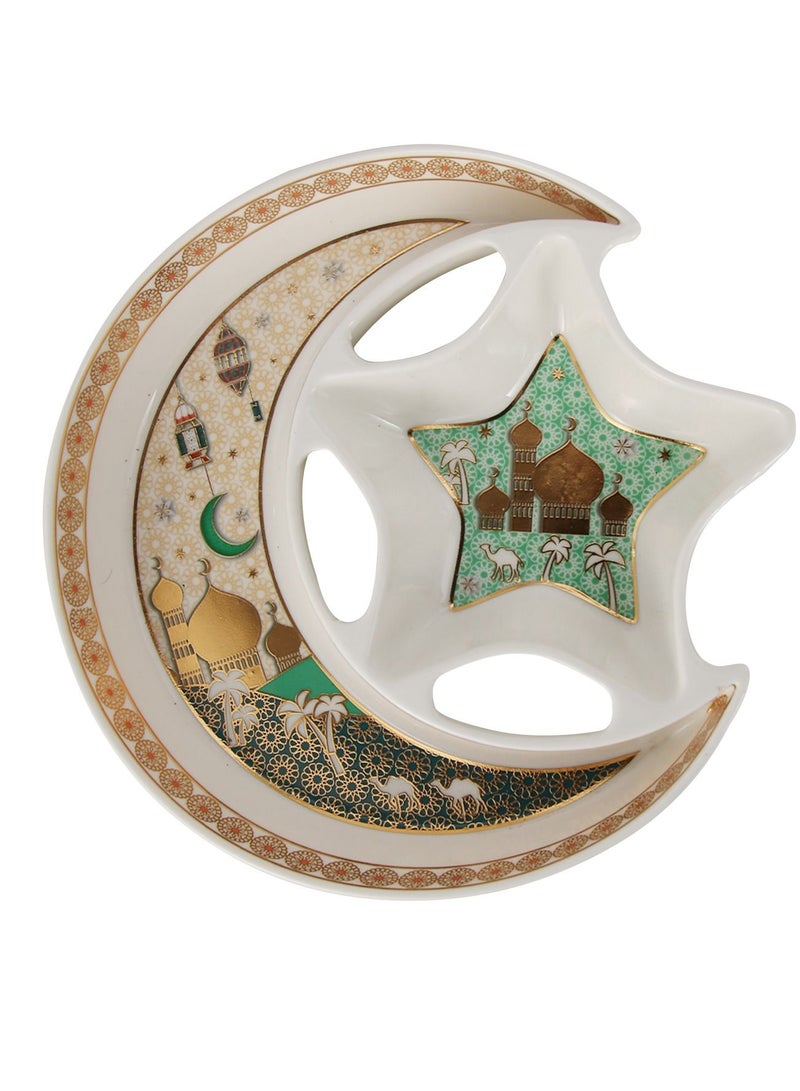 Liying Crescent Moon & Star Iftar Food Serving Tray 27CM (B), Ramadan ceramic Platters Table Decor for Breakfast Dinner Dessert Pastry Display Holder Decoration  - Image 1