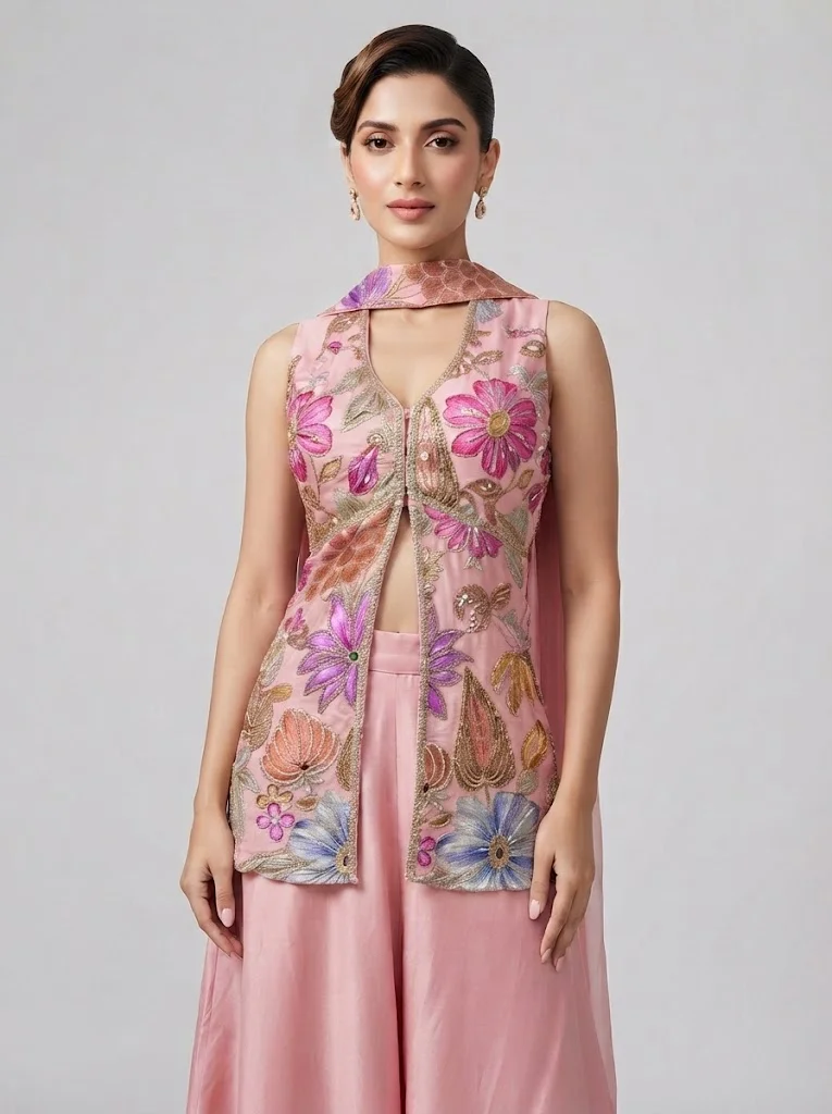 Viny Viny Women's Floral Embroidered Jacket & Palazzo Set – Sleeveless Embellished Cape Jacket with Wide-Leg Pants – Ramadan & Eid – Pink – Indian Ethnic Wear