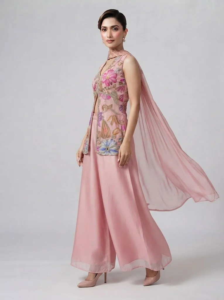 Viny  Viny Women's Floral Embroidered Jacket & Palazzo Set – Sleeveless Embellished Cape Jacket with Wide-Leg Pants – Ramadan & Eid – Pink – Indian Ethnic Wear for Women | Best Price UAE