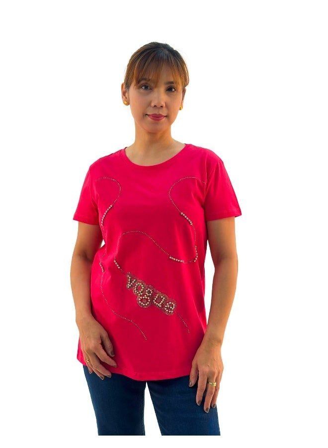 JOANNA W203027 Women's Vogue Print Round Neck Short Sleeve T-Shirt - Pink - XL - Image 1