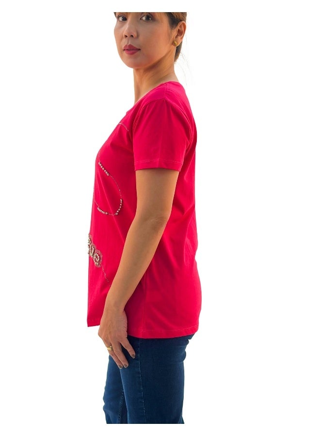 JOANNA W203027 Women's Vogue Print Round Neck Short Sleeve T-Shirt - Pink - XL - Image 2
