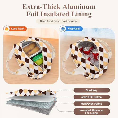 KUBYA Lunch Box for Women, Cute Corduroy Grid Insulated Lunch Bag Women Reusable Work Leakproof Simple Adults Large Lunch Boxes Tote Bag Men Cooler Bag - Image 2