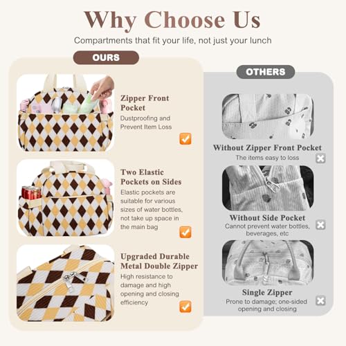 KUBYA Lunch Box for Women, Cute Corduroy Grid Insulated Lunch Bag Women Reusable Work Leakproof Simple Adults Large Lunch Boxes Tote Bag Men Cooler Bag - Image 4