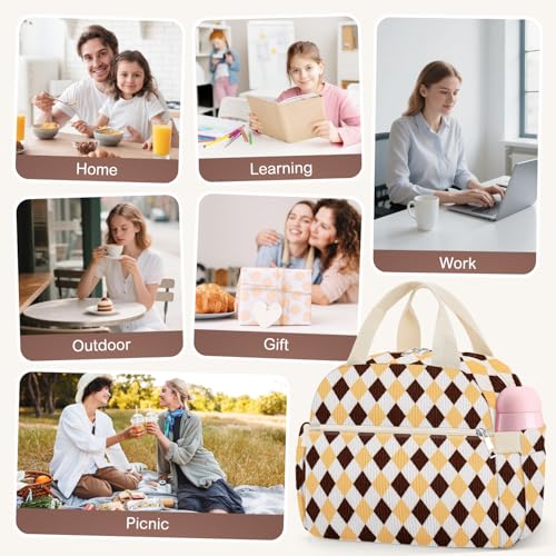 KUBYA Lunch Box for Women, Cute Corduroy Grid Insulated Lunch Bag Women Reusable Work Leakproof Simple Adults Large Lunch Boxes Tote Bag Men Cooler Bag - Image 5