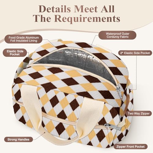KUBYA Lunch Box for Women, Cute Corduroy Grid Insulated Lunch Bag Women Reusable Work Leakproof Simple Adults Large Lunch Boxes Tote Bag Men Cooler Bag - Image 3