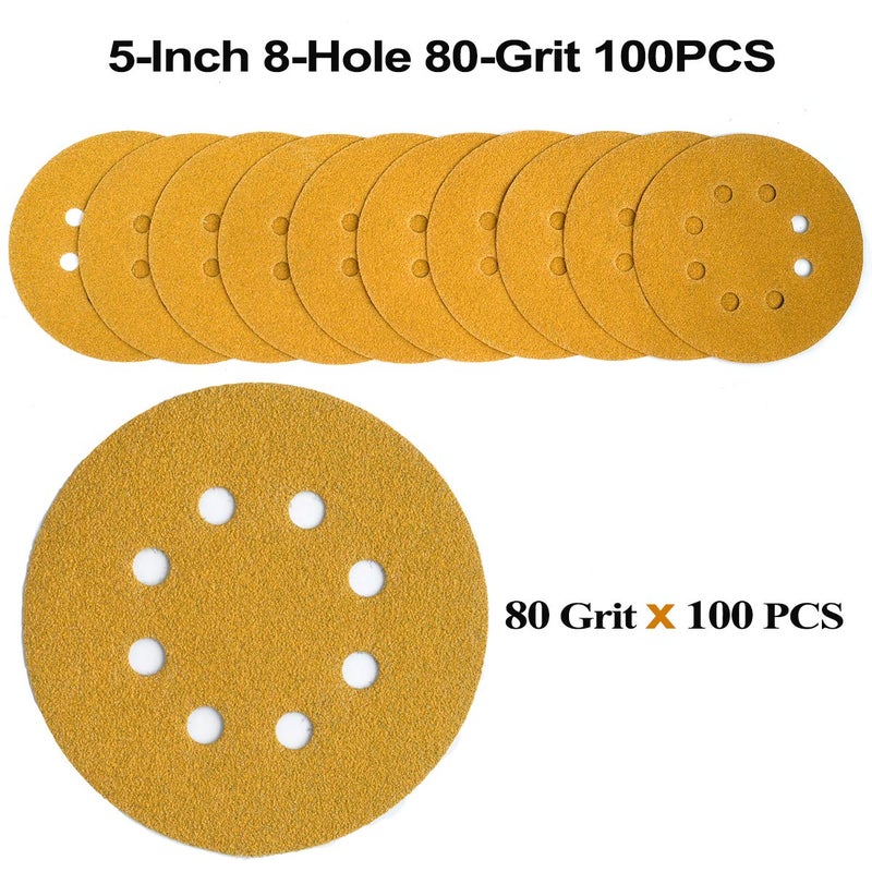 Aiyard 5-Inch 8-Hole Hook and Loop Sanding Discs 80-Grit Random Orbit Sandpaper, 100-Pack - Image 3