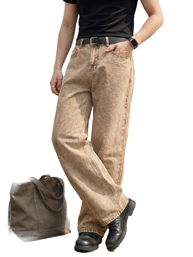 Of Men's Ultra Baggy Wide Leg Wash Jeans American Retro Khaki Brown Denim Pants Loose Comfortable Streetwear Casual Trousers Summer Vacation Urban Daily Motorcycle Boy Ins Style Unisex - Image 1