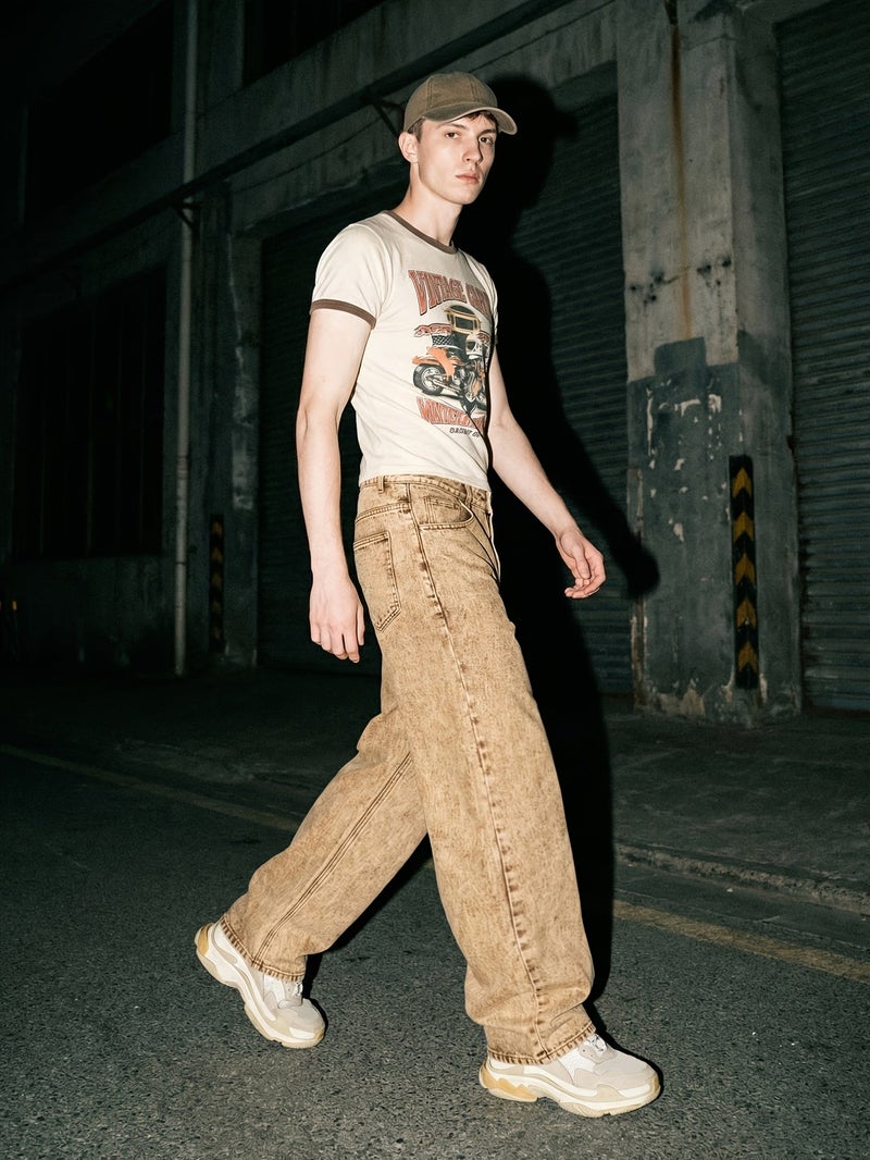 Of Men's Ultra Baggy Wide Leg Wash Jeans American Retro Khaki Brown Denim Pants Loose Comfortable Streetwear Casual Trousers Summer Vacation Urban Daily Motorcycle Boy Ins Style Unisex - Image 3